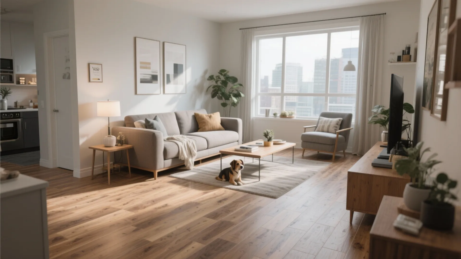 Modern condo living room with wood-look luxury vinyl plank flooring