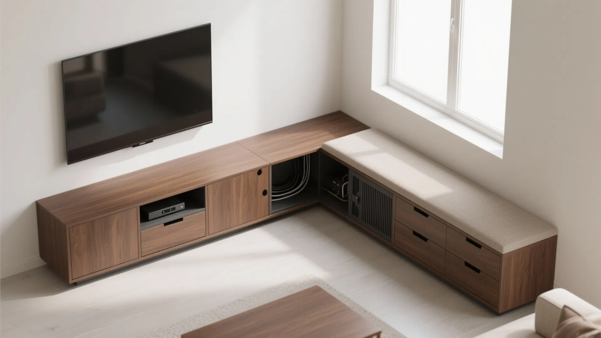 Modern wood cabinet under wall mounted television next to a window with built-in seating area