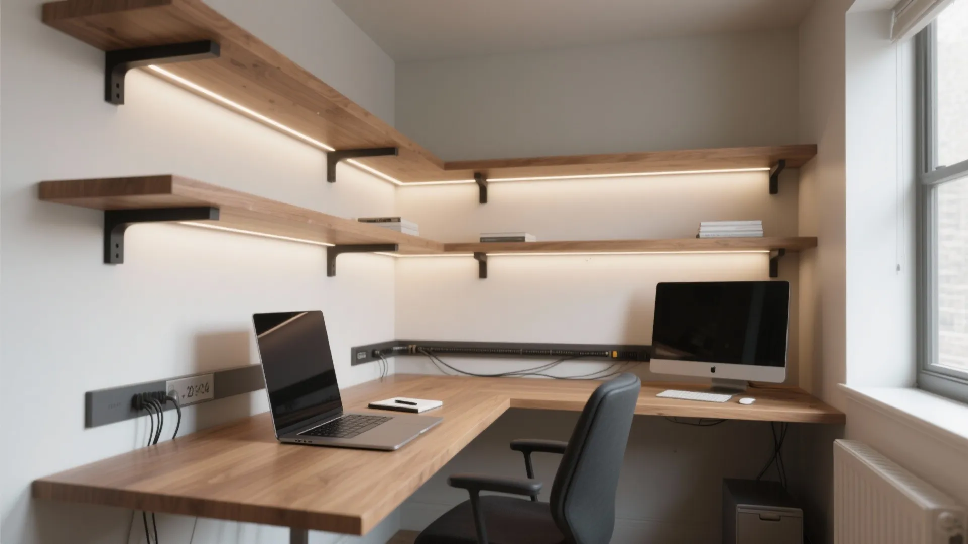 L-shaped wooden desk with laptop computer and corner wall shelves featuring built-in bright strip lights