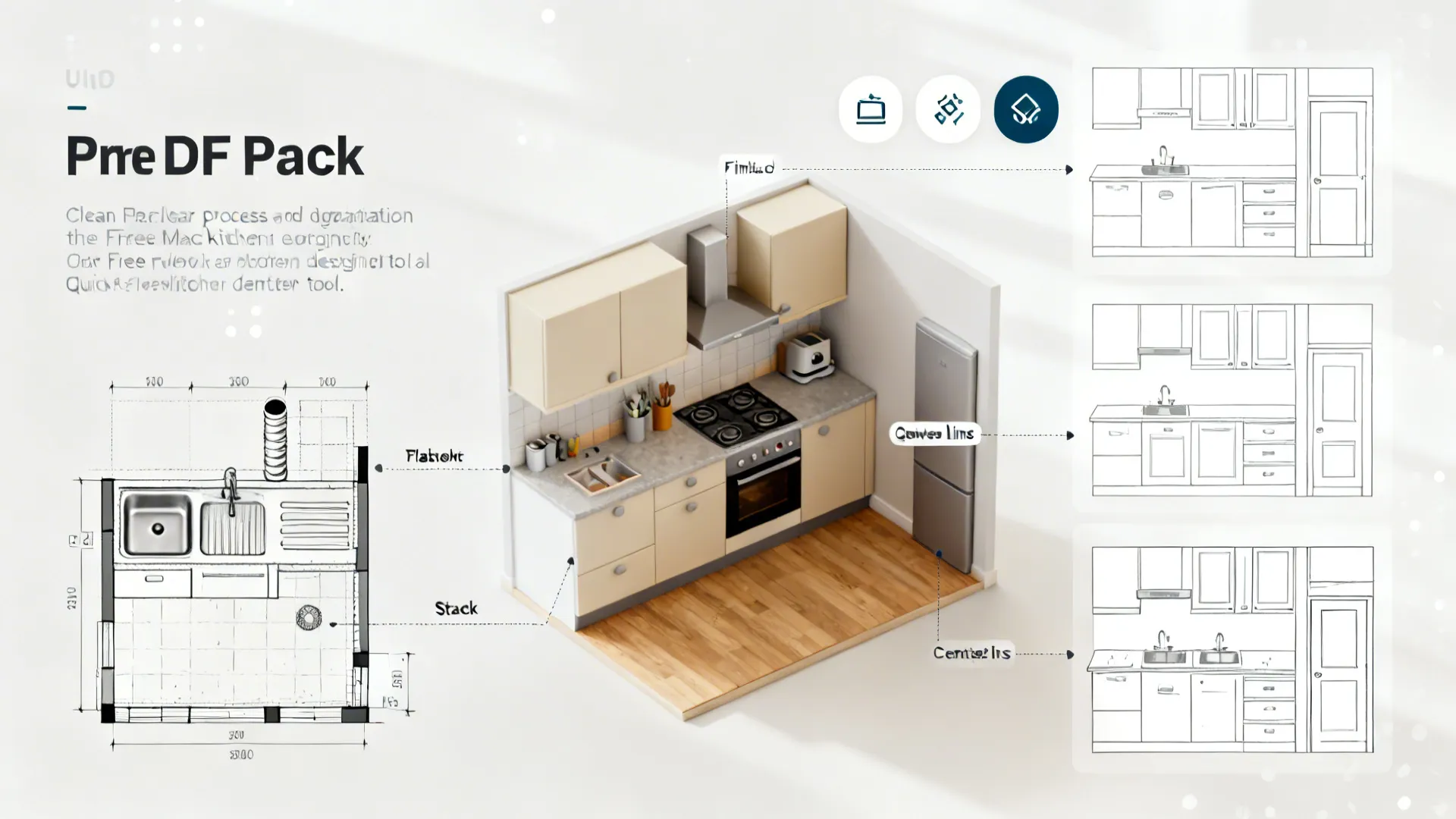 Top-down visual illustrating a clear small-kitchen design workflow from plan to finishes.