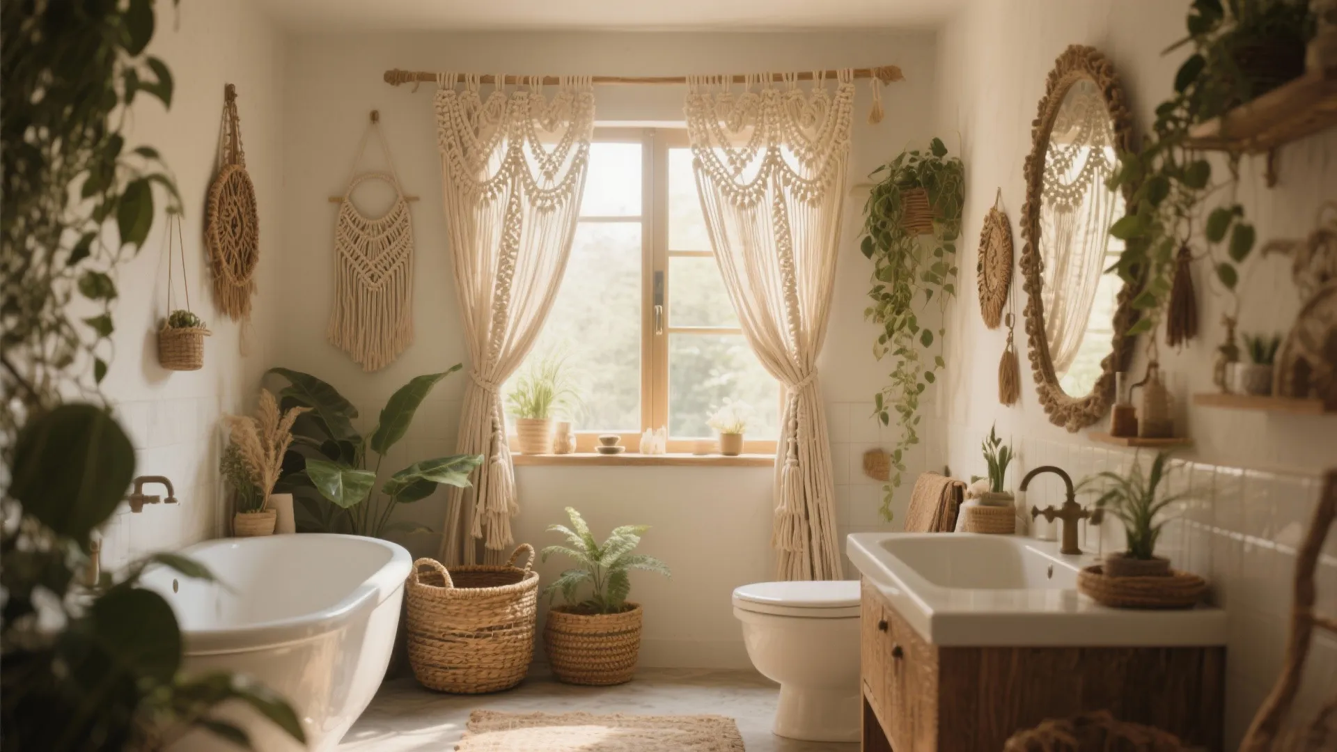 Boho bathroom with white macrame curtains, round mirror, white bathtub, sink, and many green plants