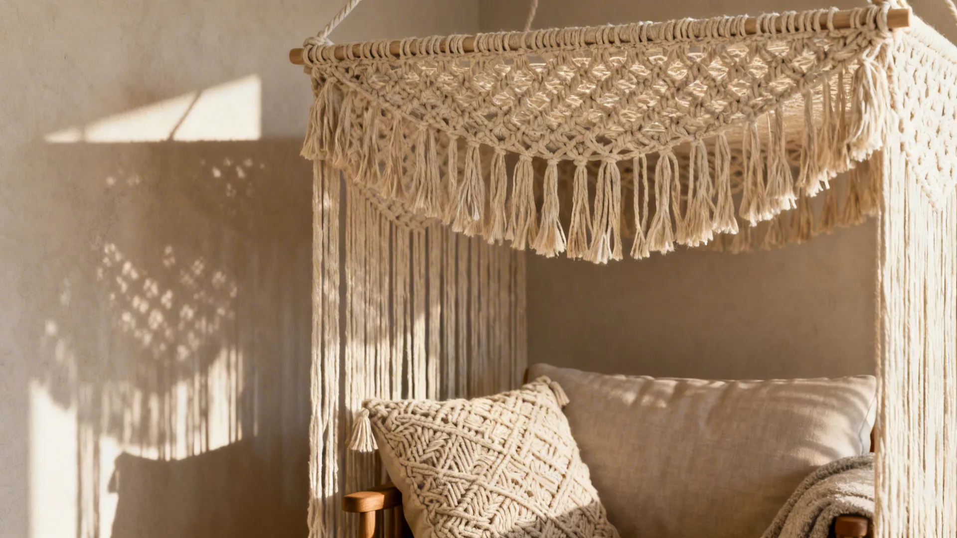 Woven macramé canopy draped over a cozy reading chair creating a private cocoon.
