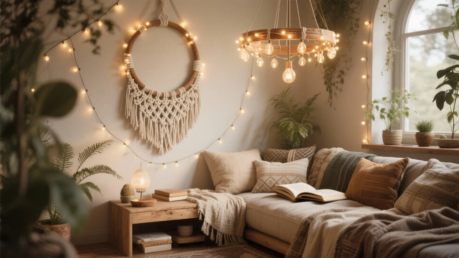 4. Macramé and String-Light Chandeliers