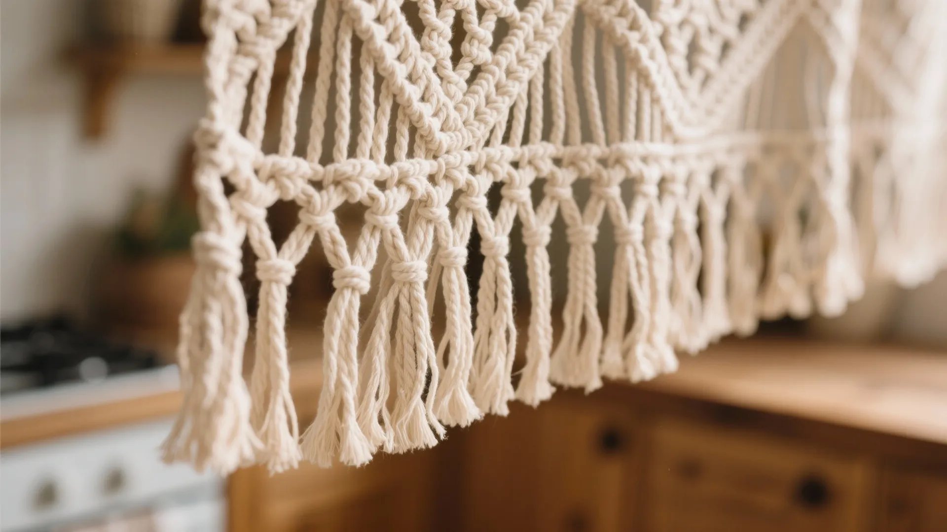 Close-up of intricate macramé curtain with long fringe