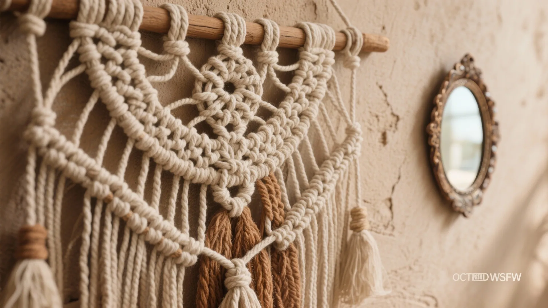 Handmade woven wall hanging with rope patterns next to small round mirror on a textured wall