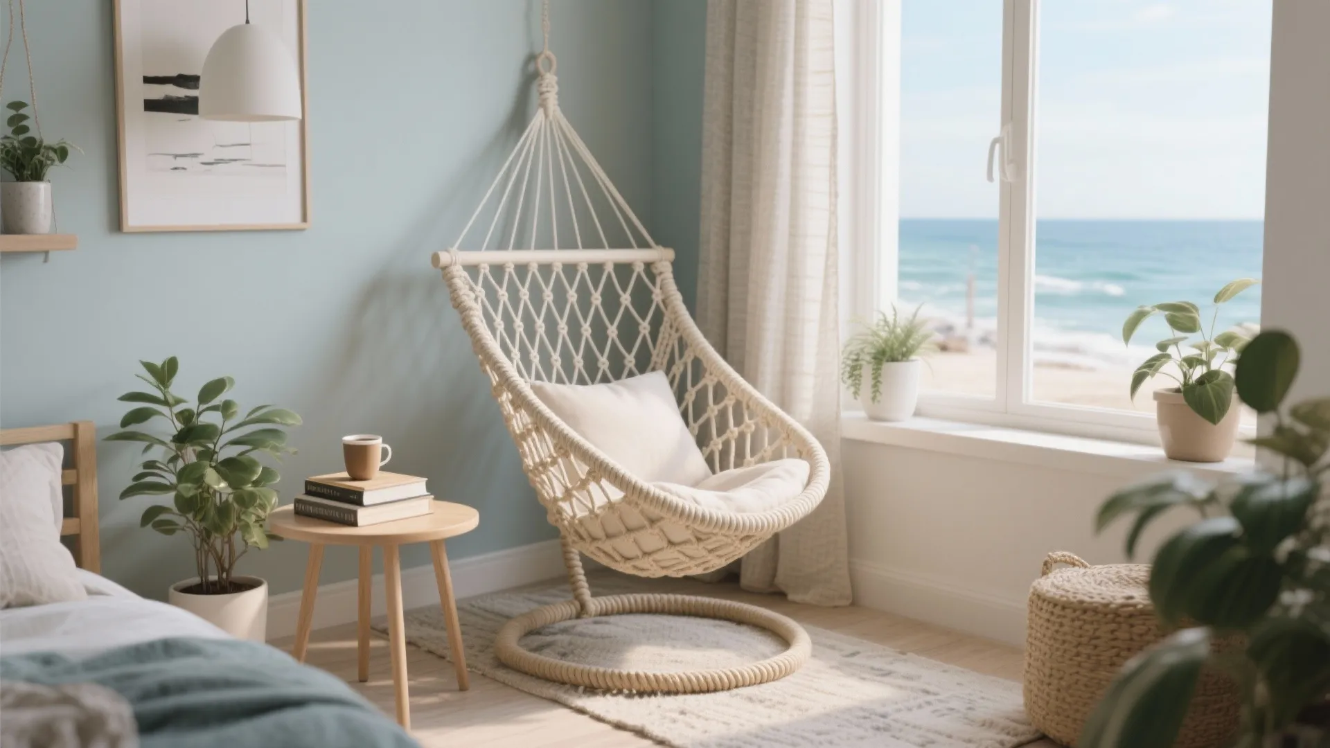 Modern blue bedroom with white macrame swing chair, wooden side table, and ocean view window