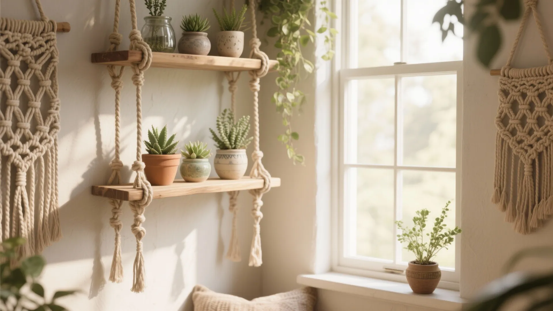 2. Hanging Macramé Shelves to Free the Floor
