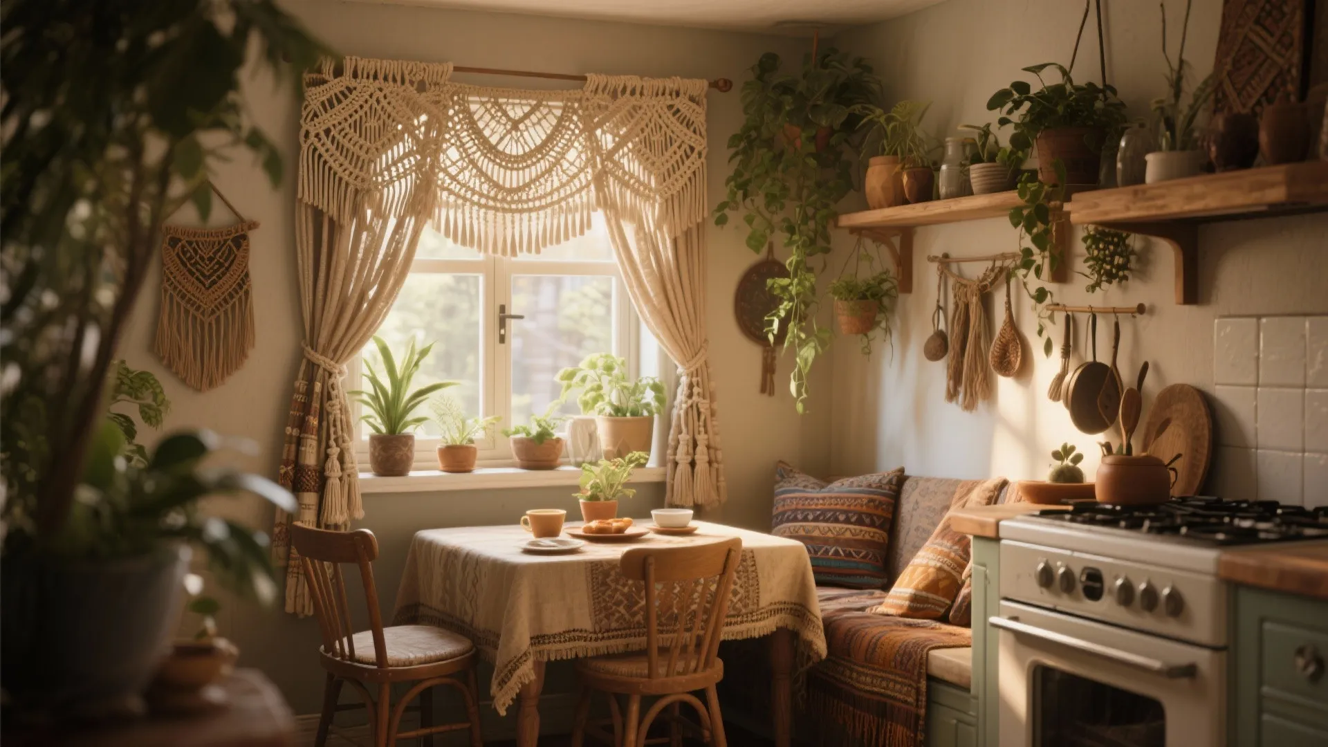 Bohemian style kitchen dining area with woven curtain wooden table green plants and warm lighting