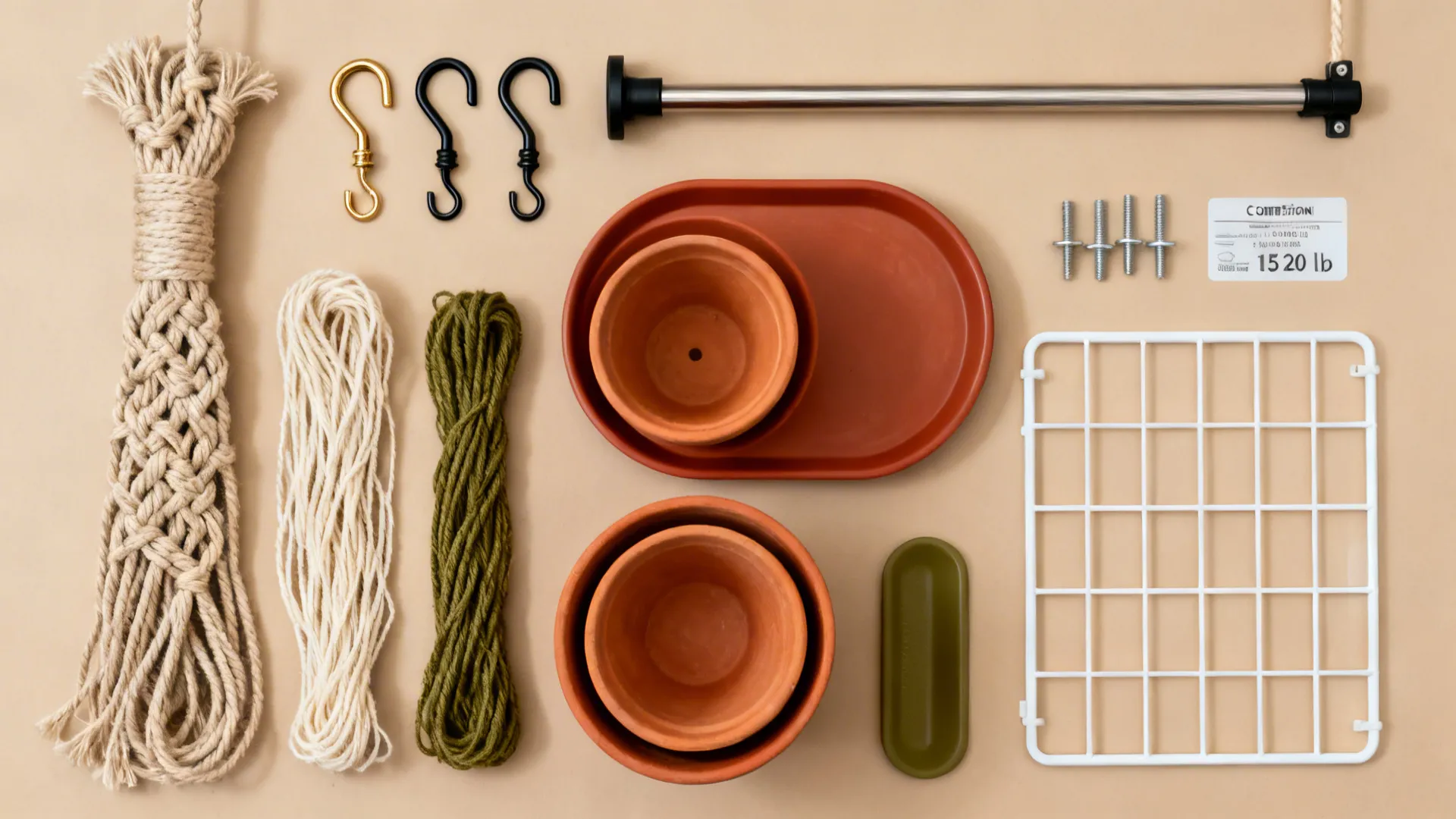Top-down layout of macramé cords, terracotta pots, hooks, anchors, and a sink grid in warm tones.