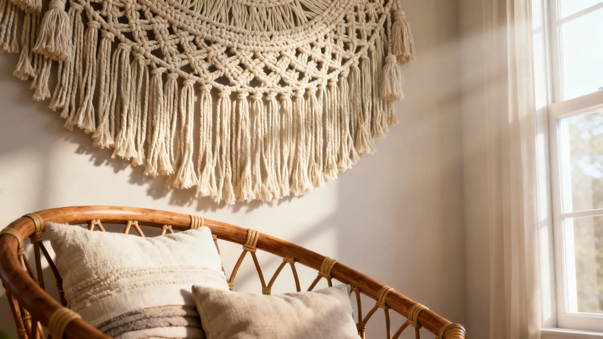 Woven wall decoration above wooden chair with white pillows in sunlit room near a window