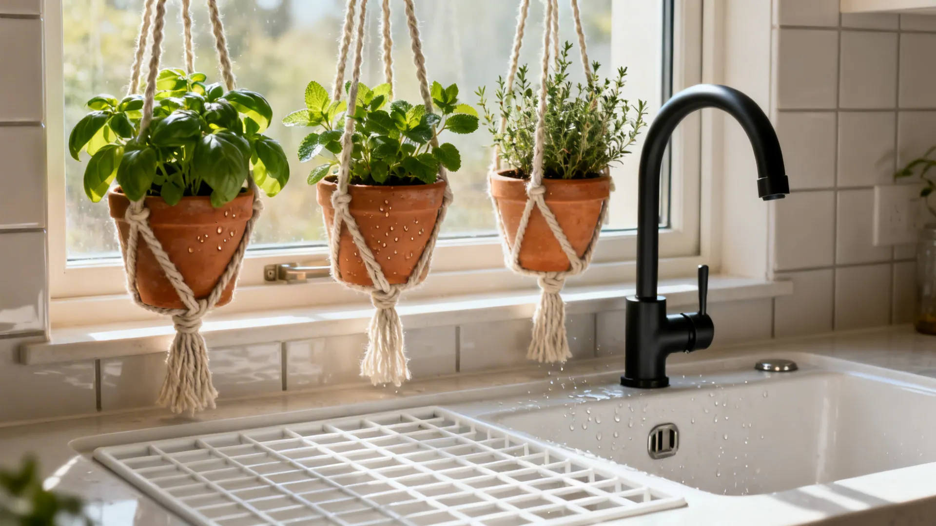 Staggered macramé hangers with terracotta herb pots above a bright kitchen sink window.