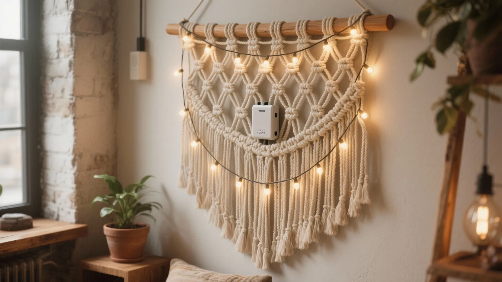 Bohemian wall hanging with string lights and small green plant on a wooden shelf nearby indoors
