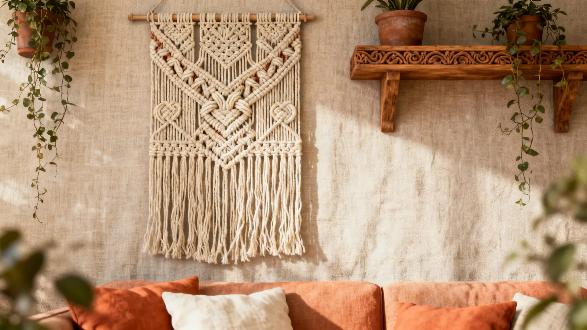 Woven cotton wall hanging displayed on a textured wall above an orange sofa with pillows