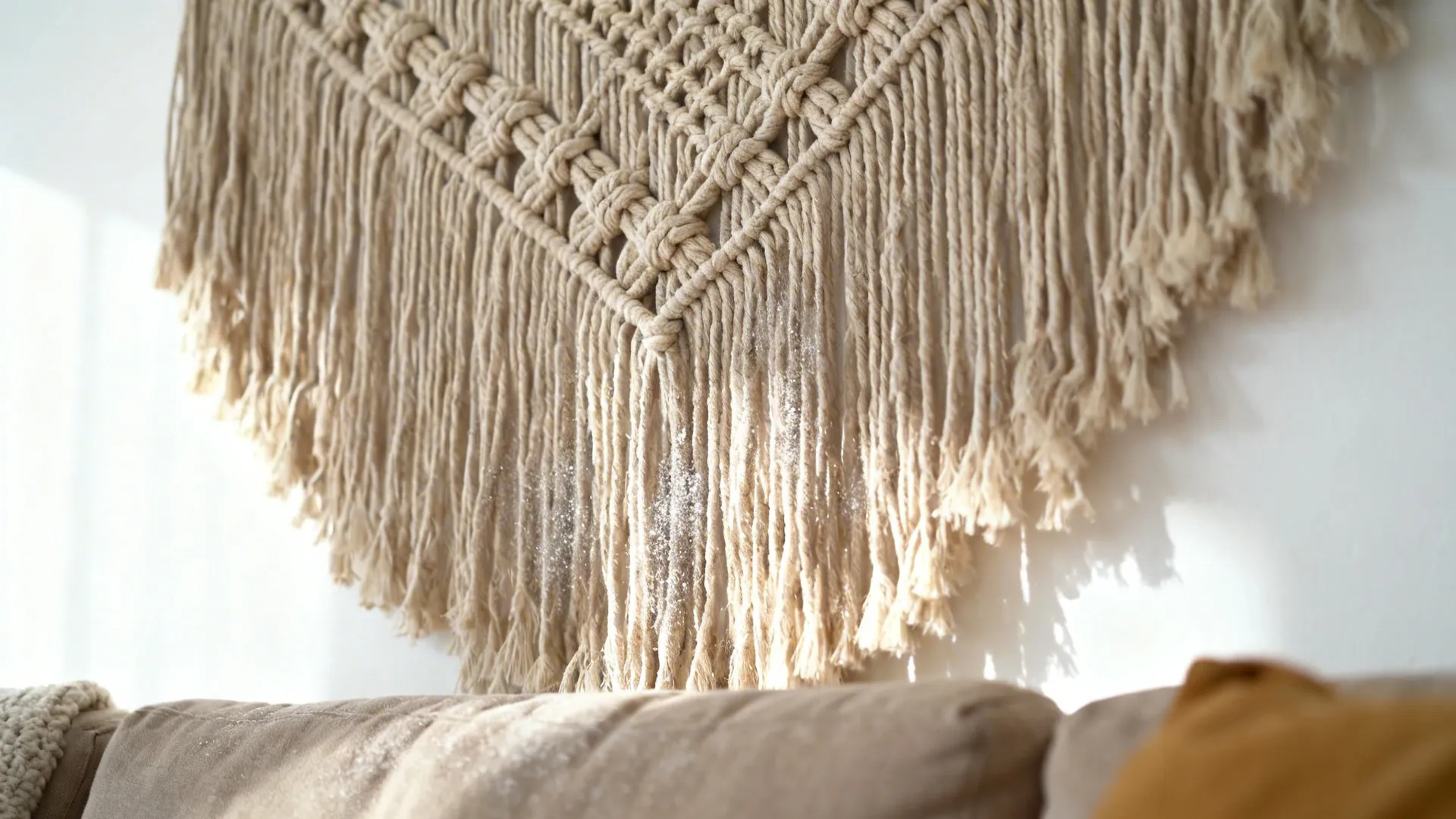 Neutral macramé wall hanging on a white wall showing woven texture and fringe