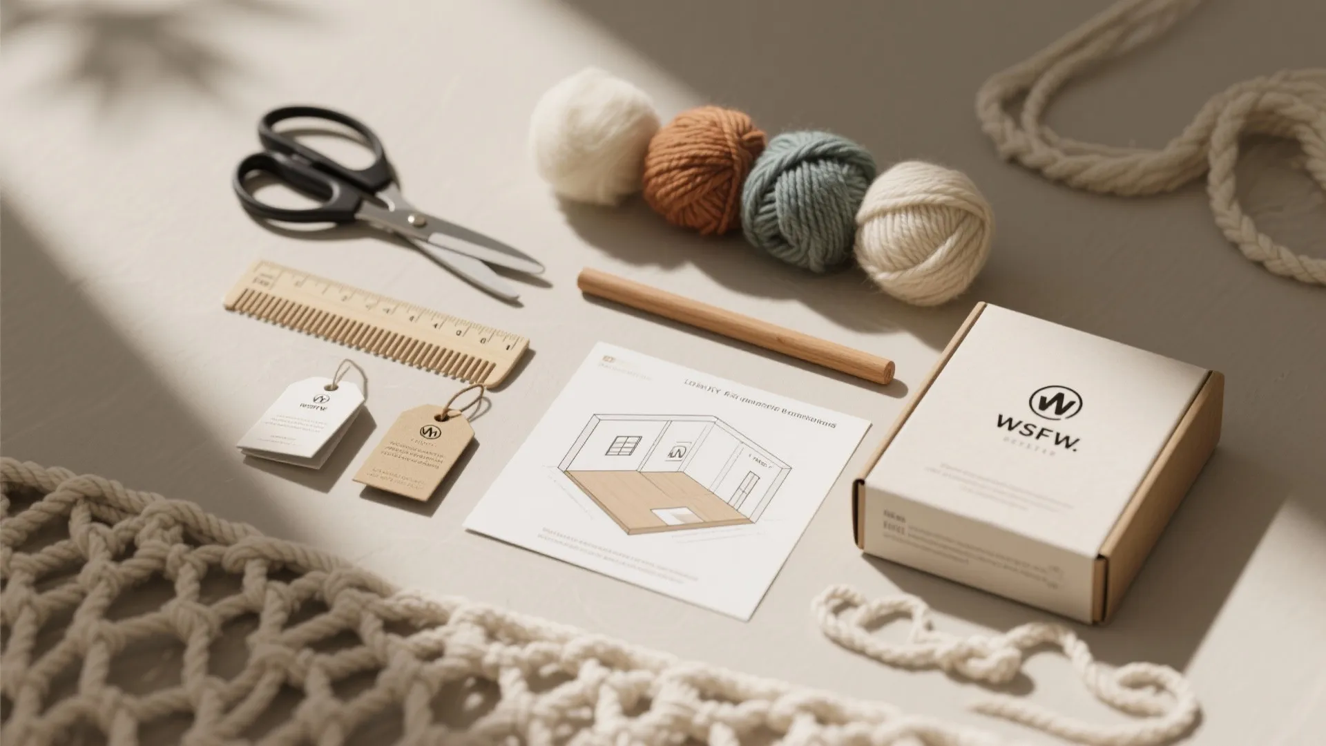 Scissors balls of yarn wooden comb room layout drawing box and woven rope on flat desk