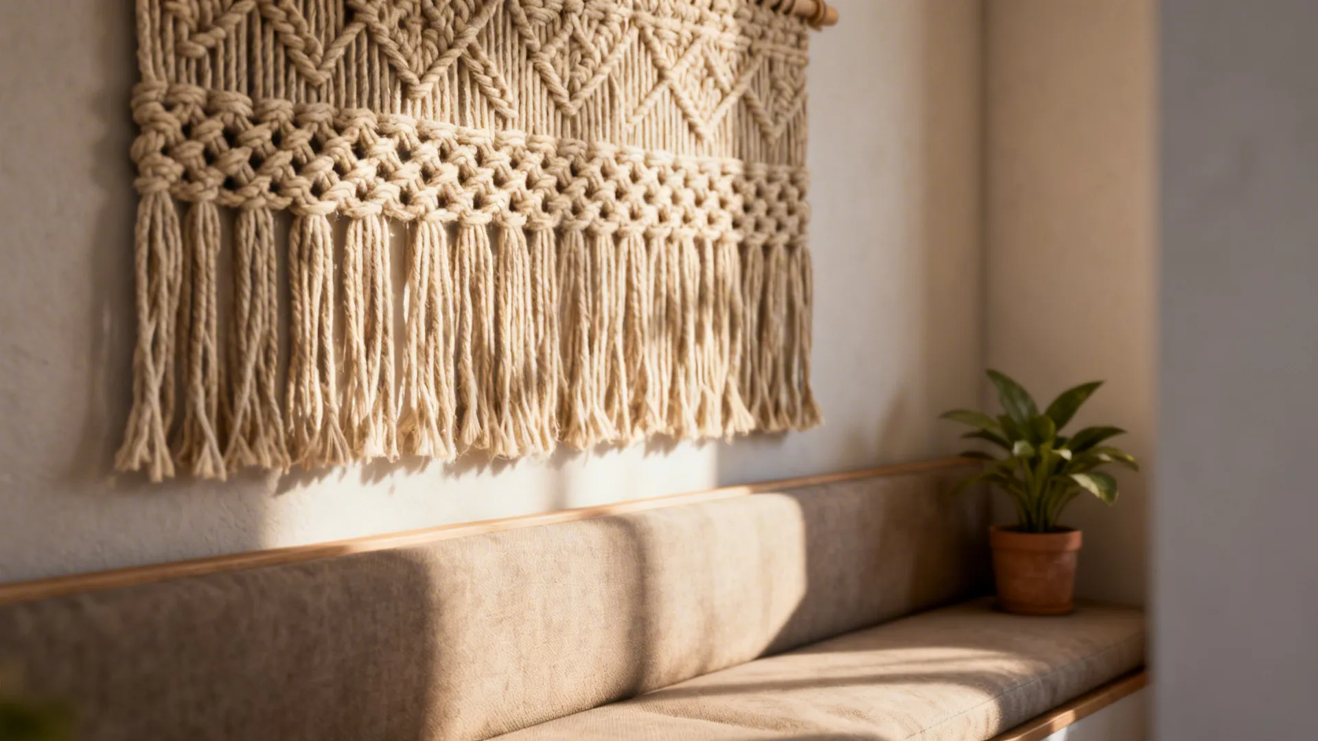 Woven wall decoration hanging on light wall above brown sofa with green plant and sunlight