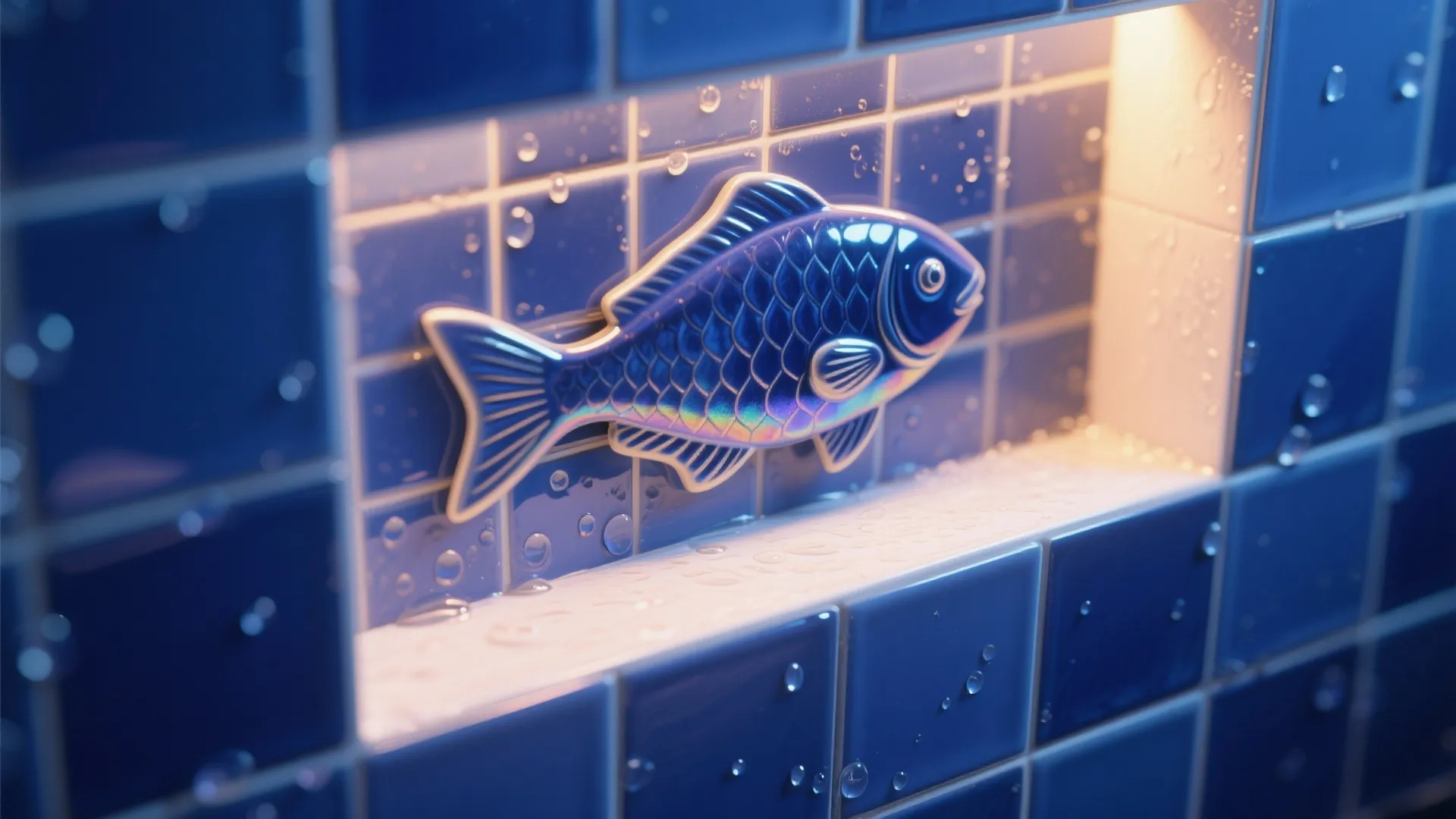 Glossy Blue Porcelain Fish Tiles in the Shower Niche