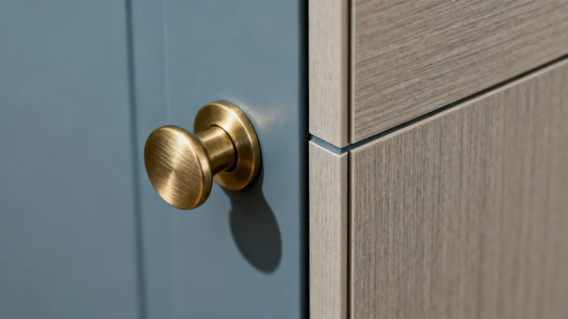 Close-up of brushed brass handle on blue-gray laminate with adjacent greige panel.