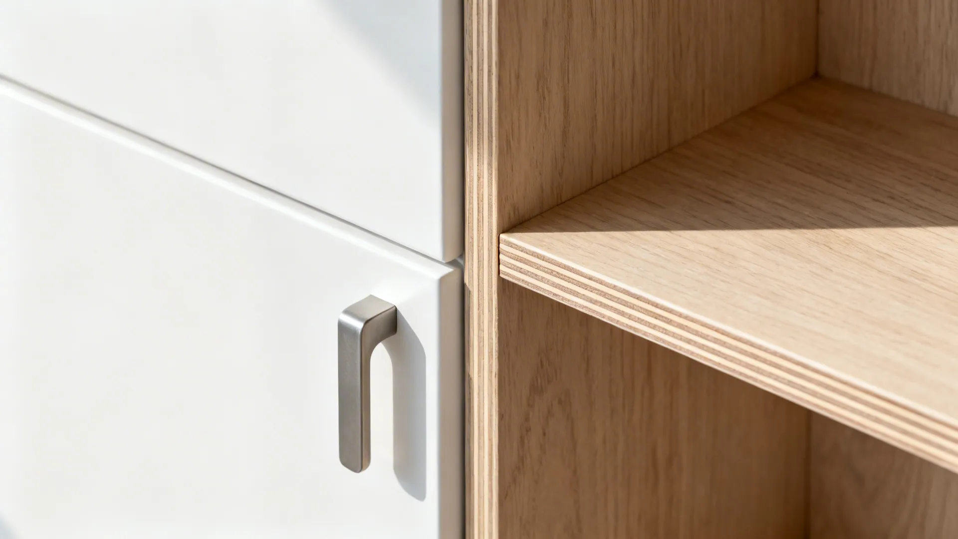 Macro of matte white cabinet with oak shelf and ergonomic pull in soft daylight.