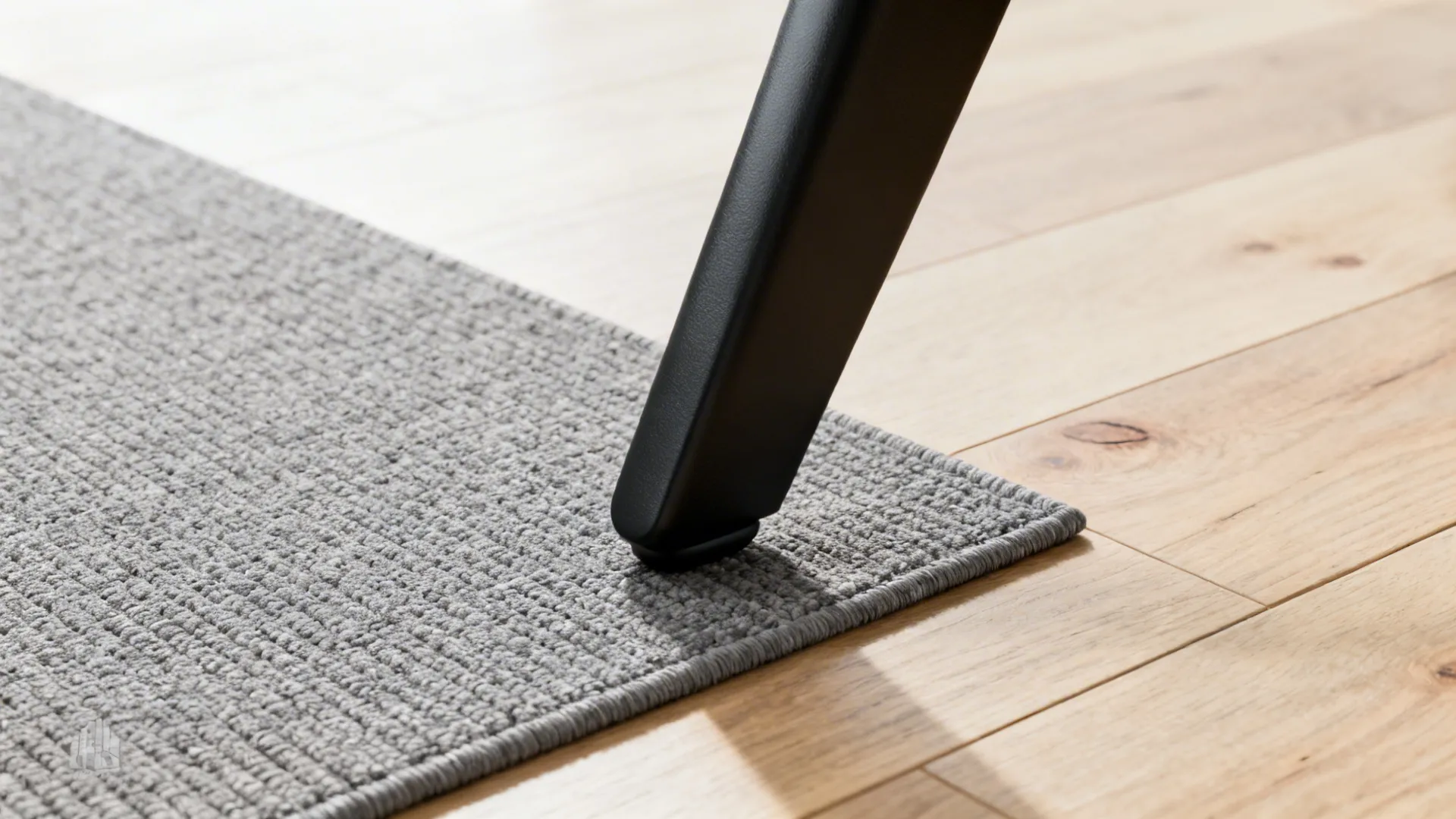 Close up of black chair leg resting on a grey rug and light wood floor