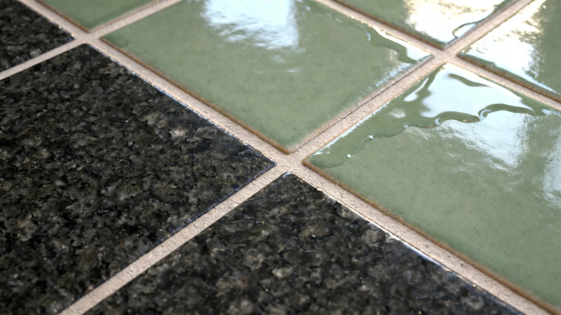 Macro of dark granite meeting sage green ceramic tile with refined grout detail.