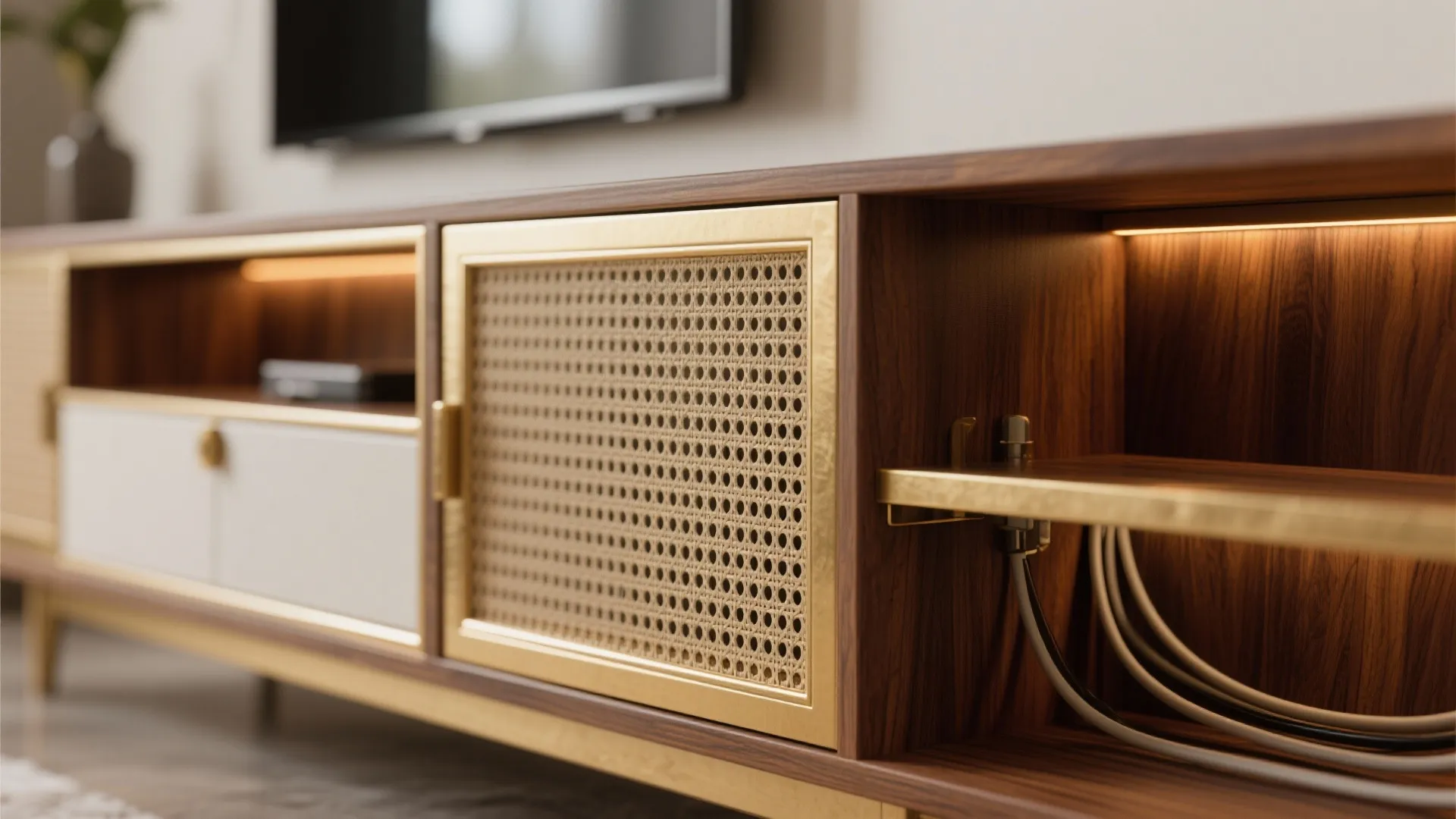 Macro of brass inlay, walnut veneer, cane ventilation panel, and concealed LED strip for a pooja cabinet.
