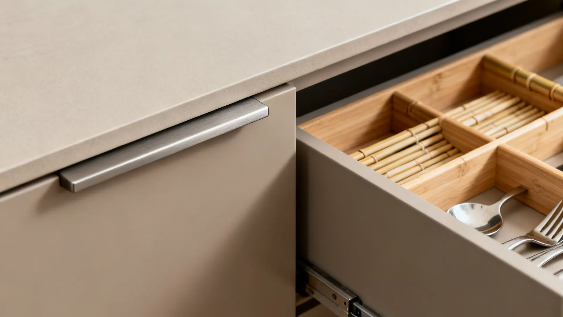 Open kitchen drawer with bamboo dividers holding metal spoons and forks next to beige cabinet