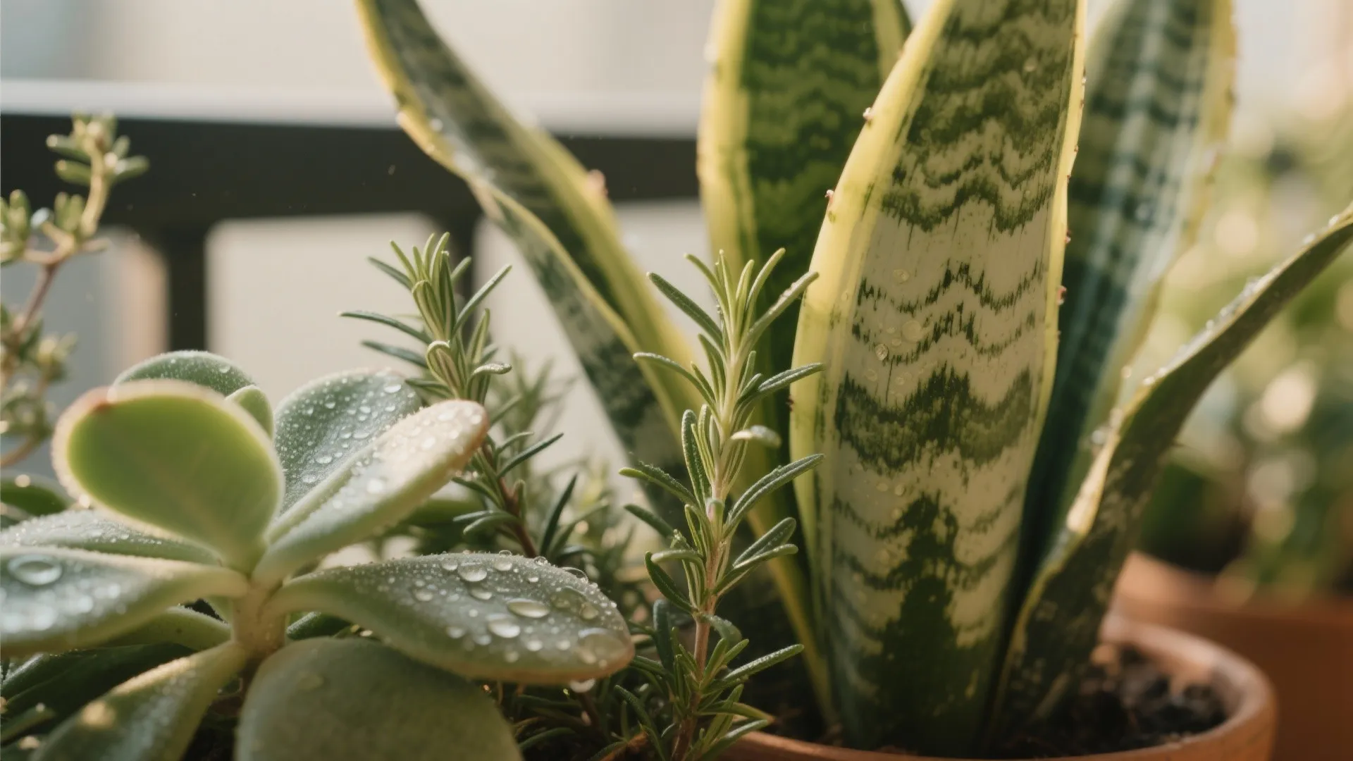 Macro of snake plant, rosemary, and jade leaves showing resilient textures and detail.