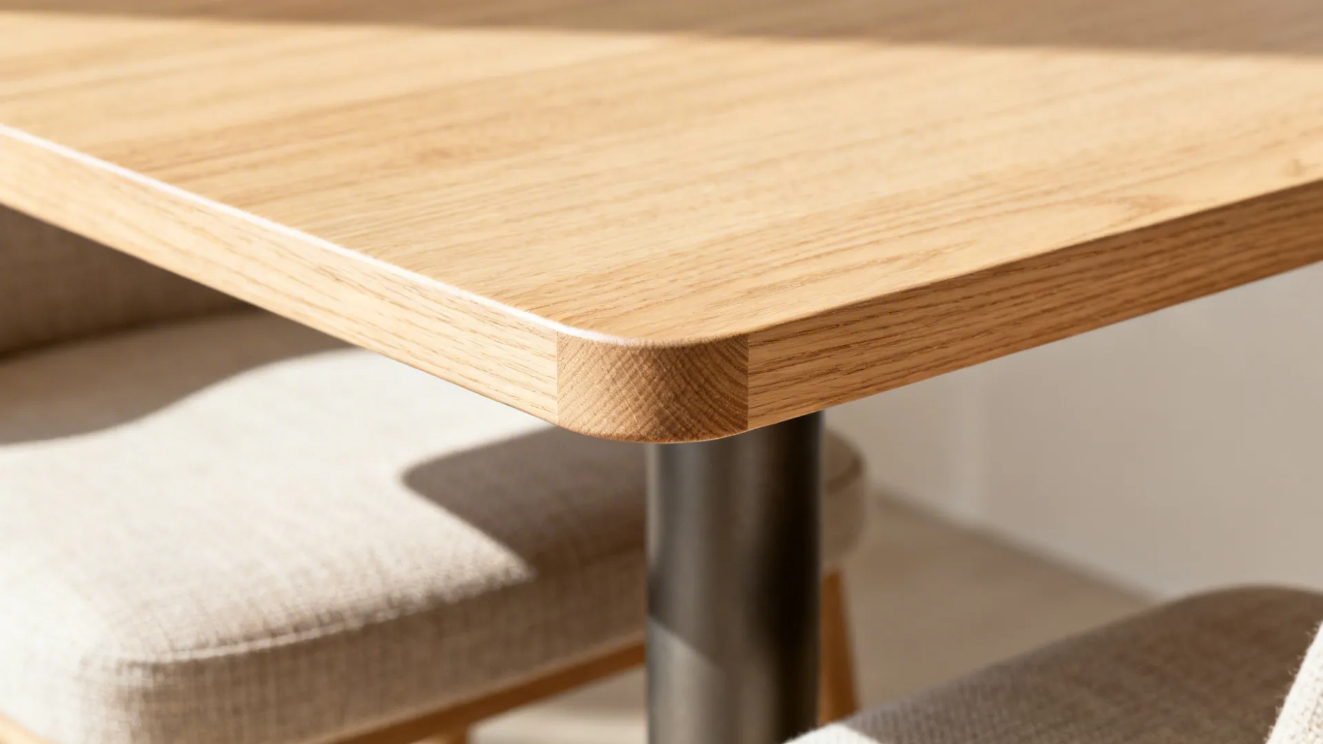Macro of a chamfered light oak tabletop with rounded corner and matte metal base connection.