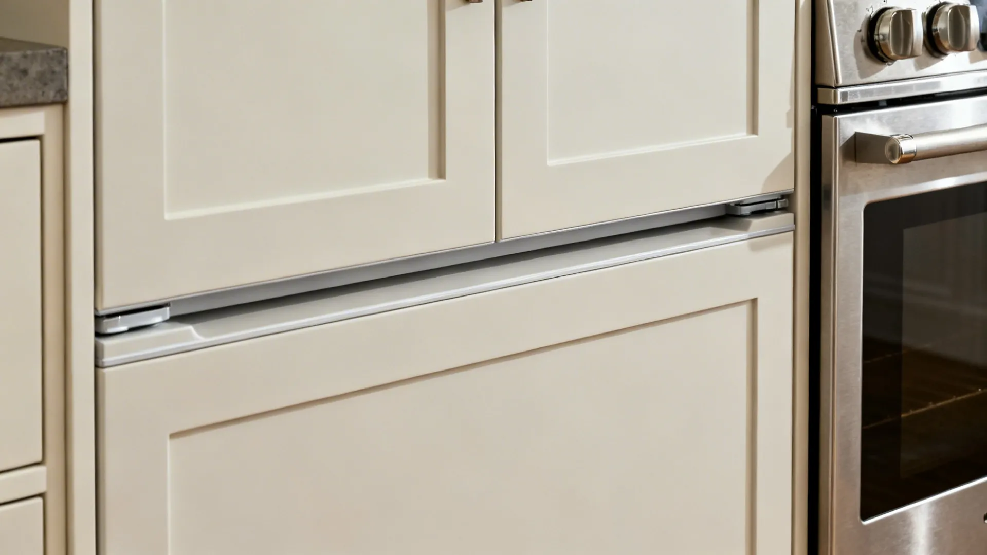 Close up of beige kitchen cabinets and a stainless steel oven in a modern home design