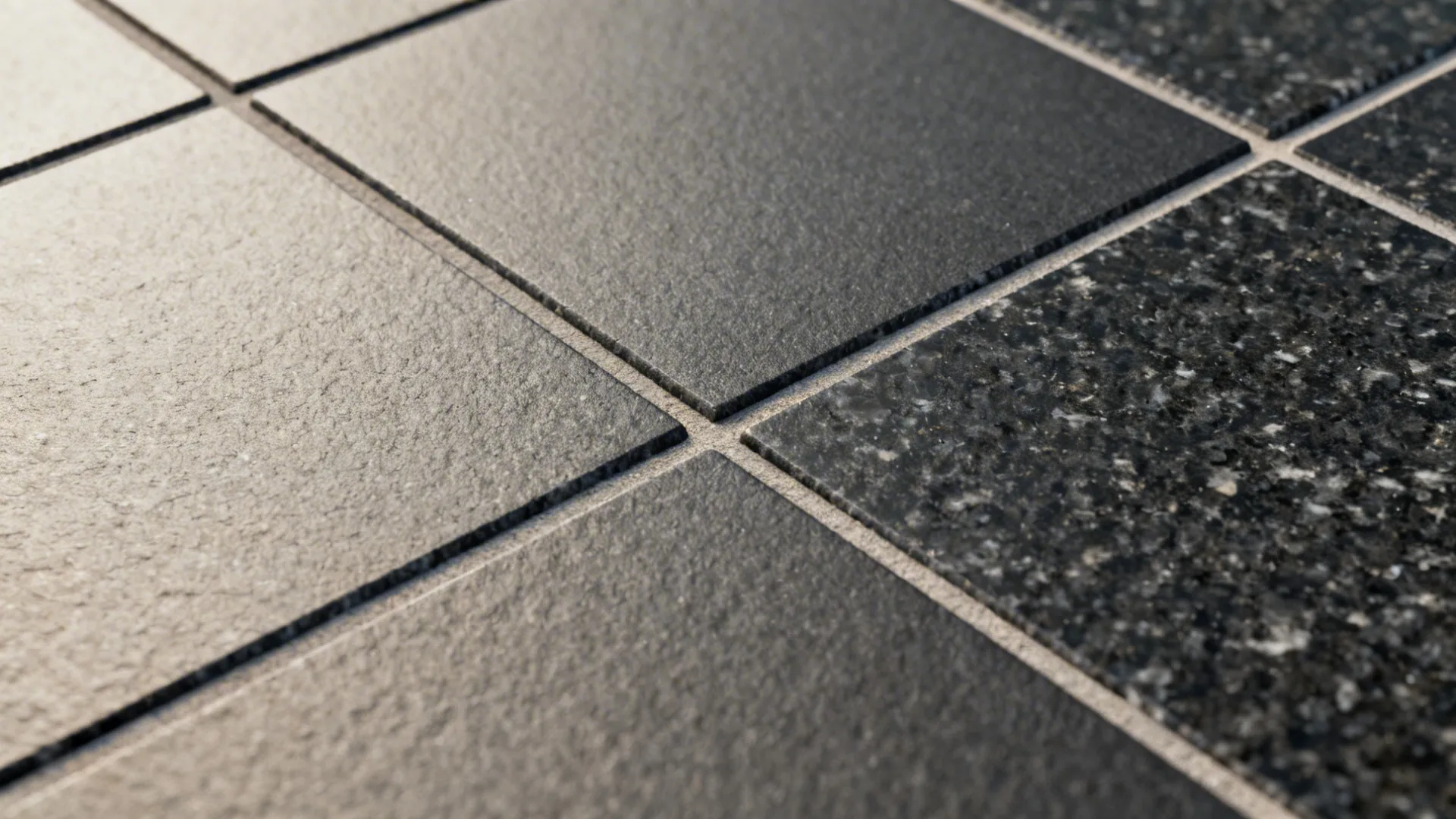 Macro of honed black granite edge meeting matte micro-tiles with tight grout lines.