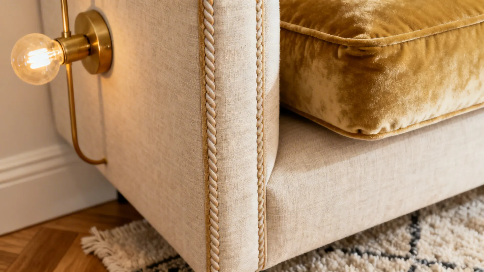 Macro of linen upholstery, brass sconce, velvet cushion, and wool rug over oak floor.