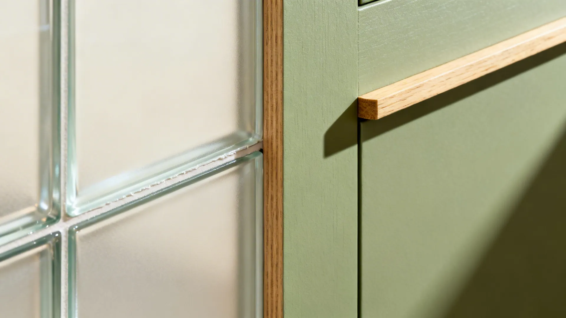 Macro of satin glass backsplash beside sage laminate and birch edge.