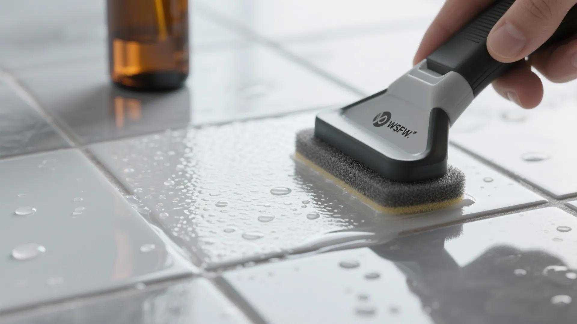 Close up of person using a grey cleaning brush to scrub wet white floor tiles
