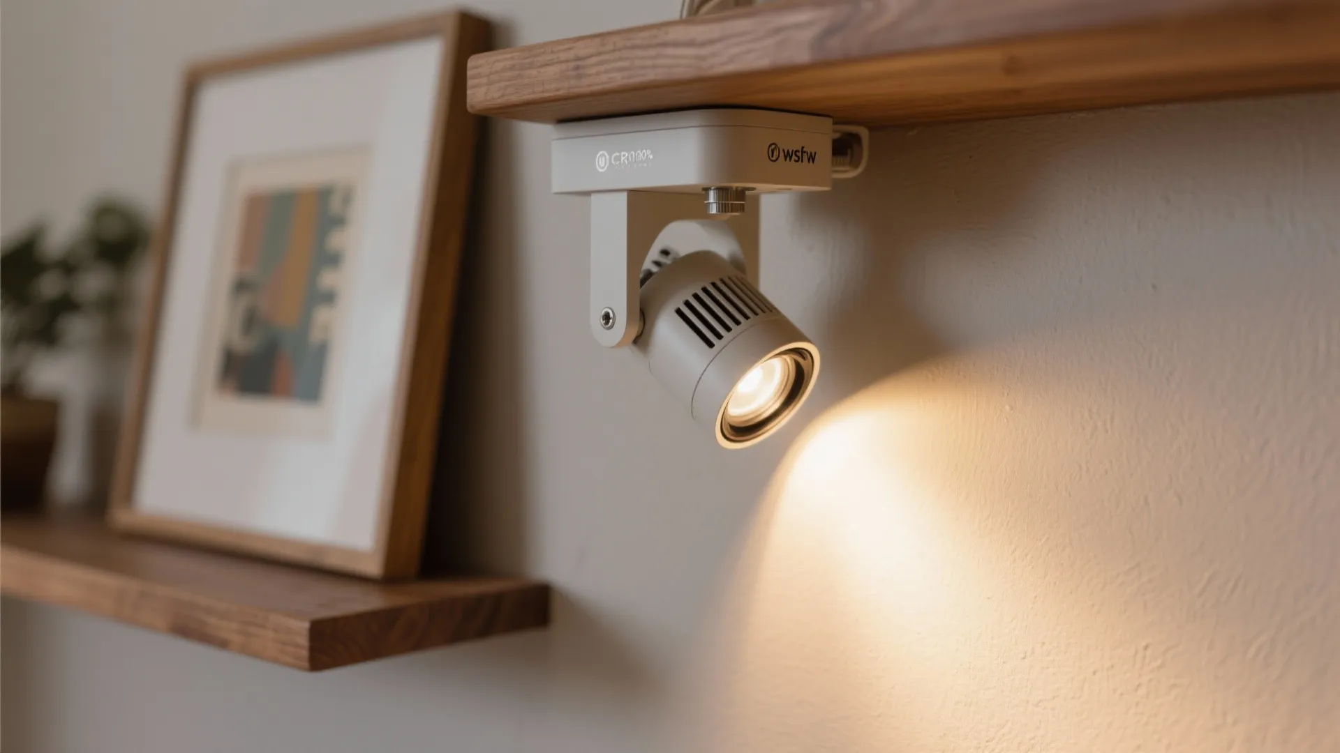 Accent art and shelving with warm wall beams