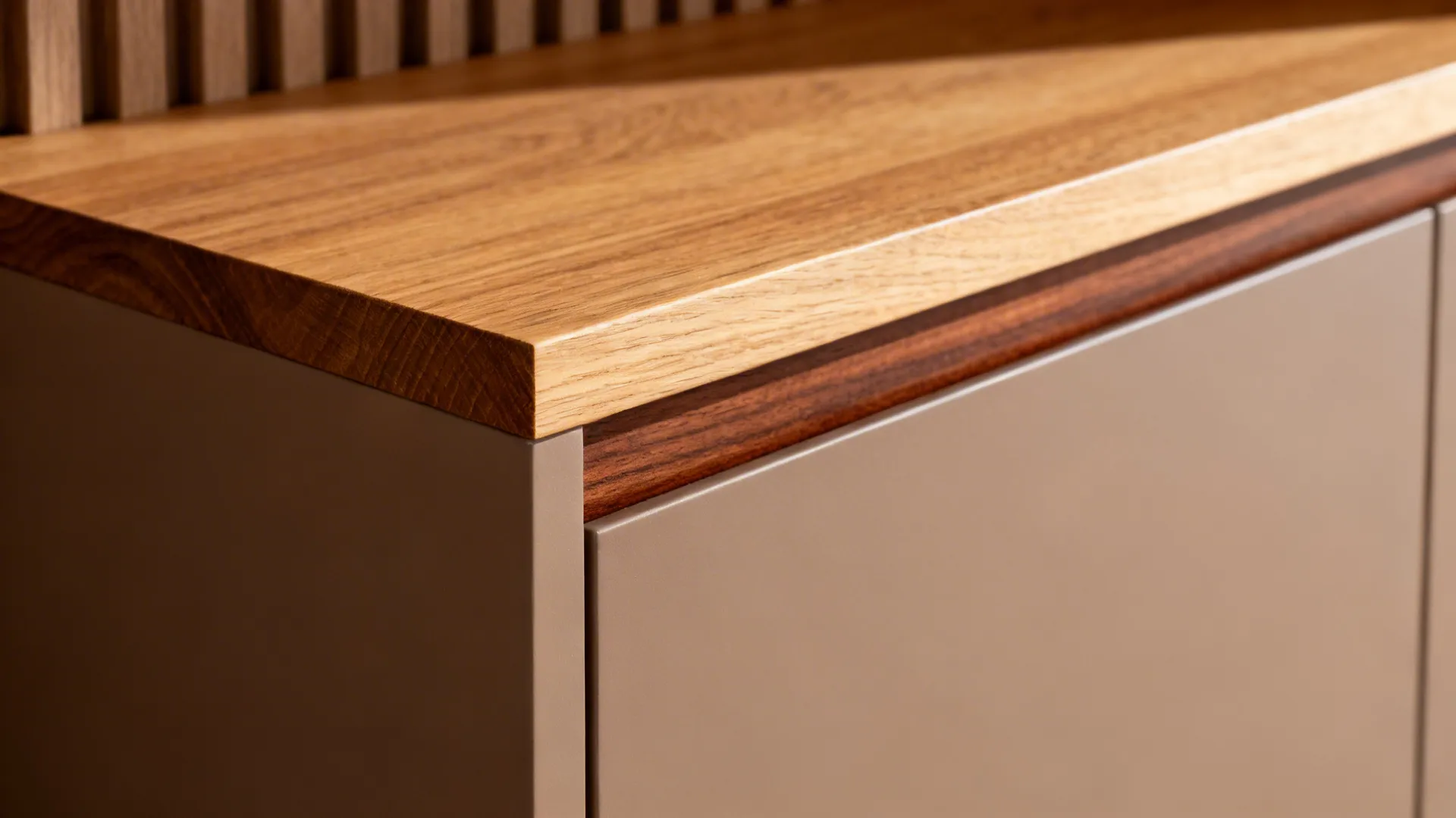 Macro view of natural wood grain surface on beige cabinet with vertical wood wall panel background