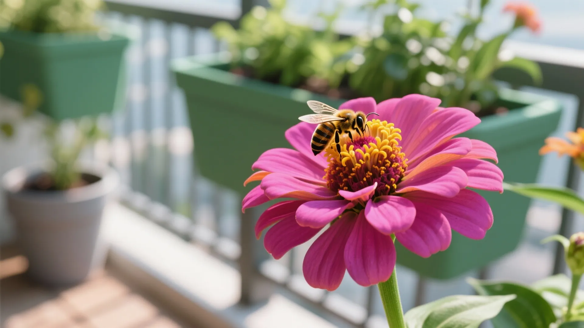 Macro of a zinnia flower on a balcony with a bee collecting pollen, crisp petal and pollen detail with soft greenery behind.