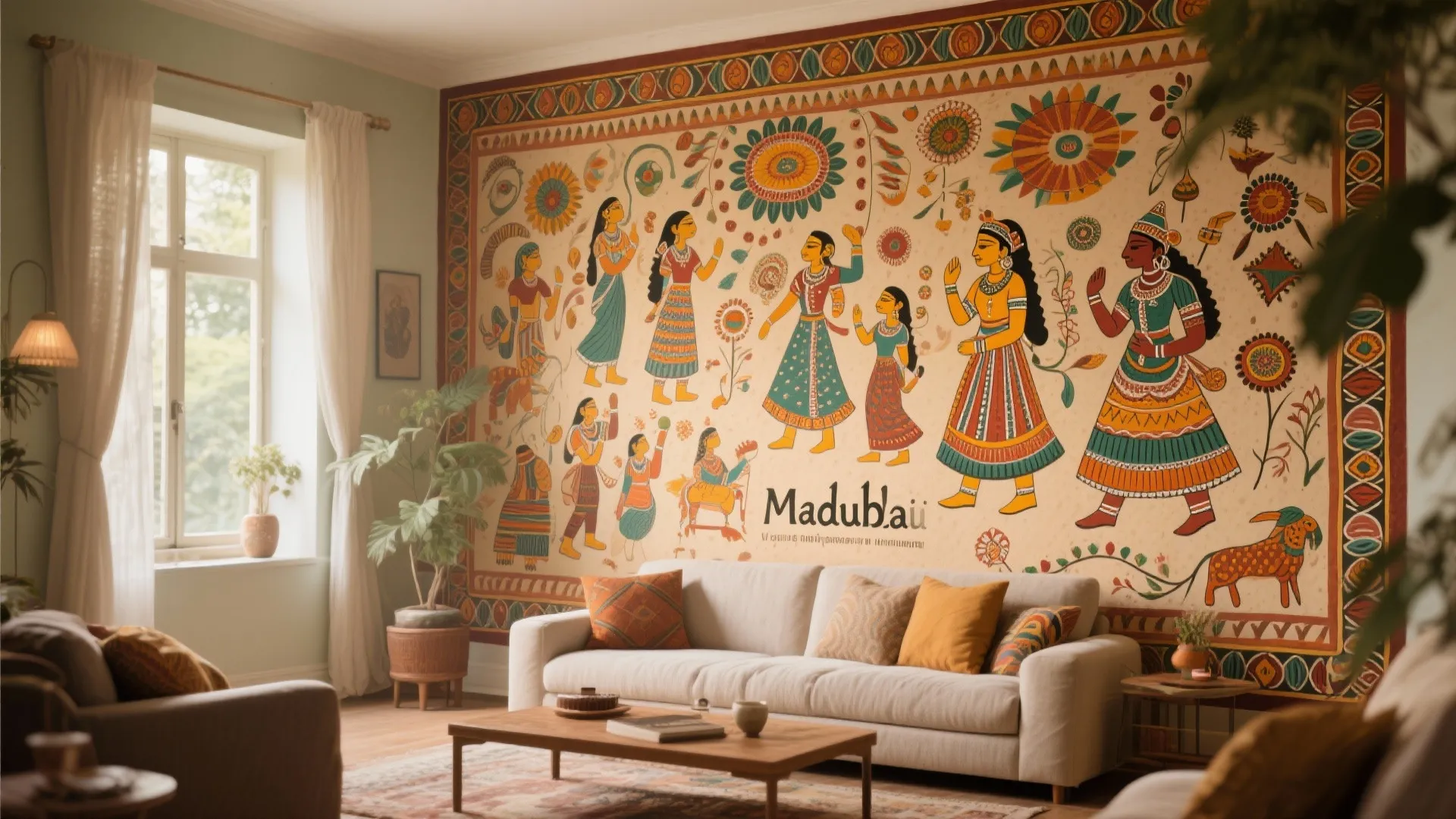 Living room featuring a large traditional Indian wall painting behind a white sofa and cushions