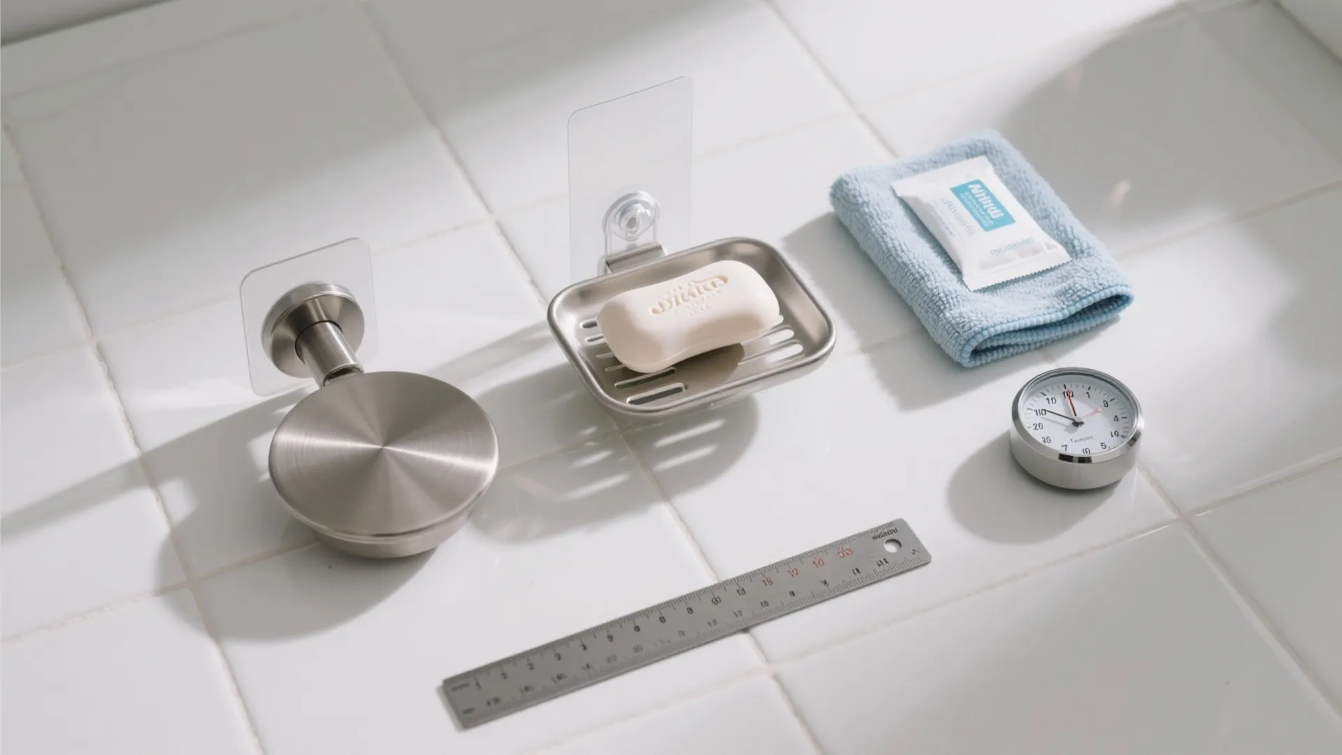 Metal soap holder and wall hook shown with a blue towel and small white clock