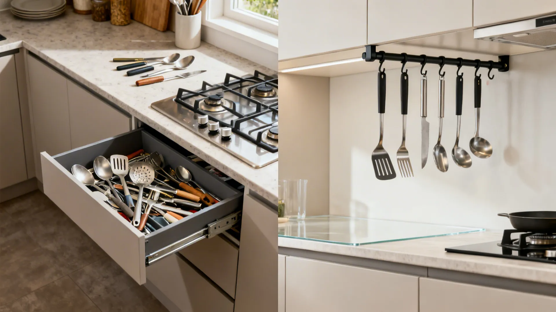 Before-and-after showing cluttered utensils versus a neat under-cabinet magnetic rail.