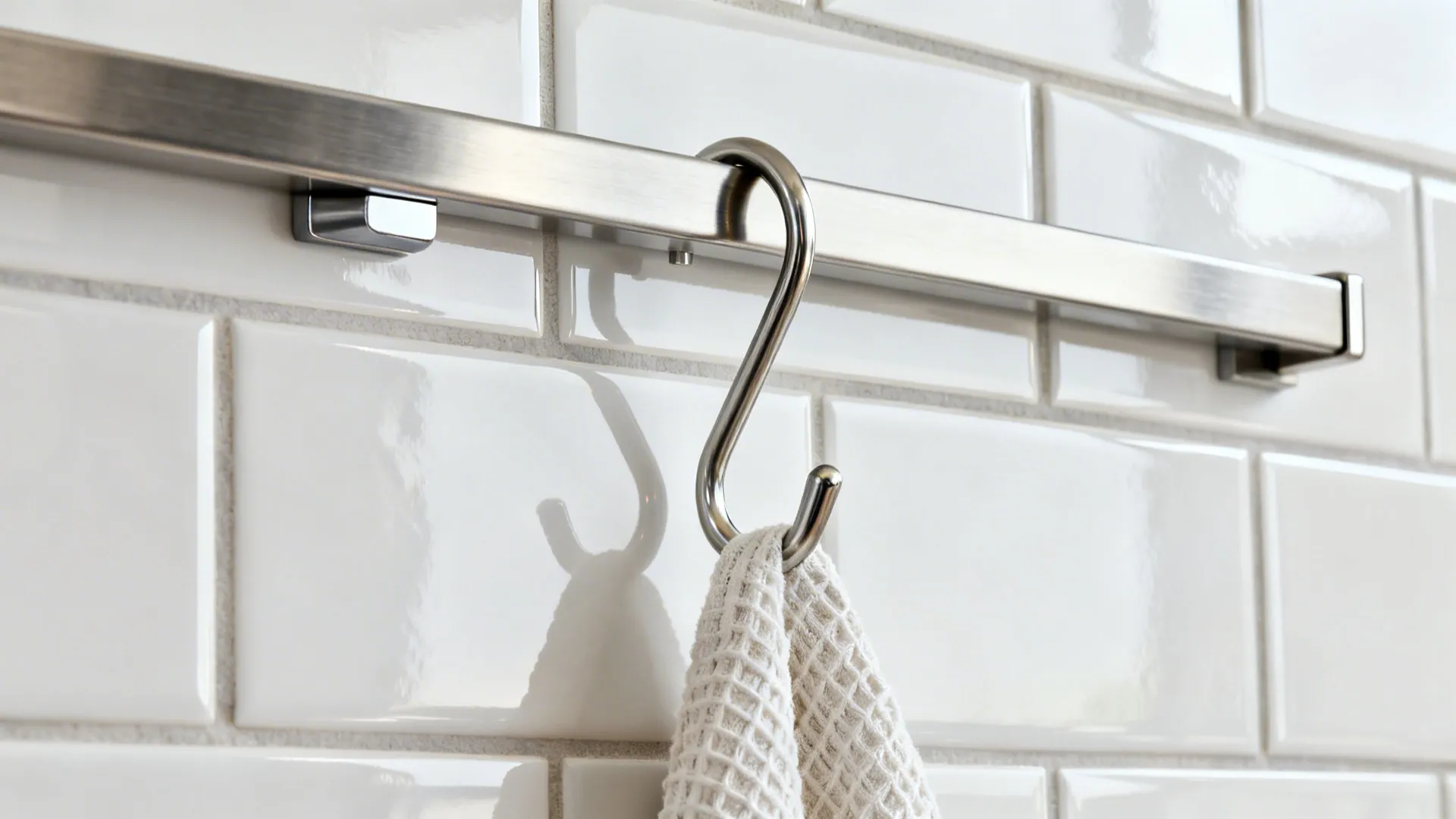 Macro of stainless magnetic rail and hook on white tile with textured tea towel.