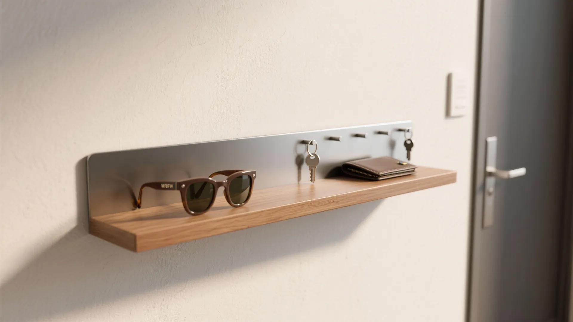 Wall mounted wooden shelf with magnetic strip holding keys sunglasses and a brown leather wallet