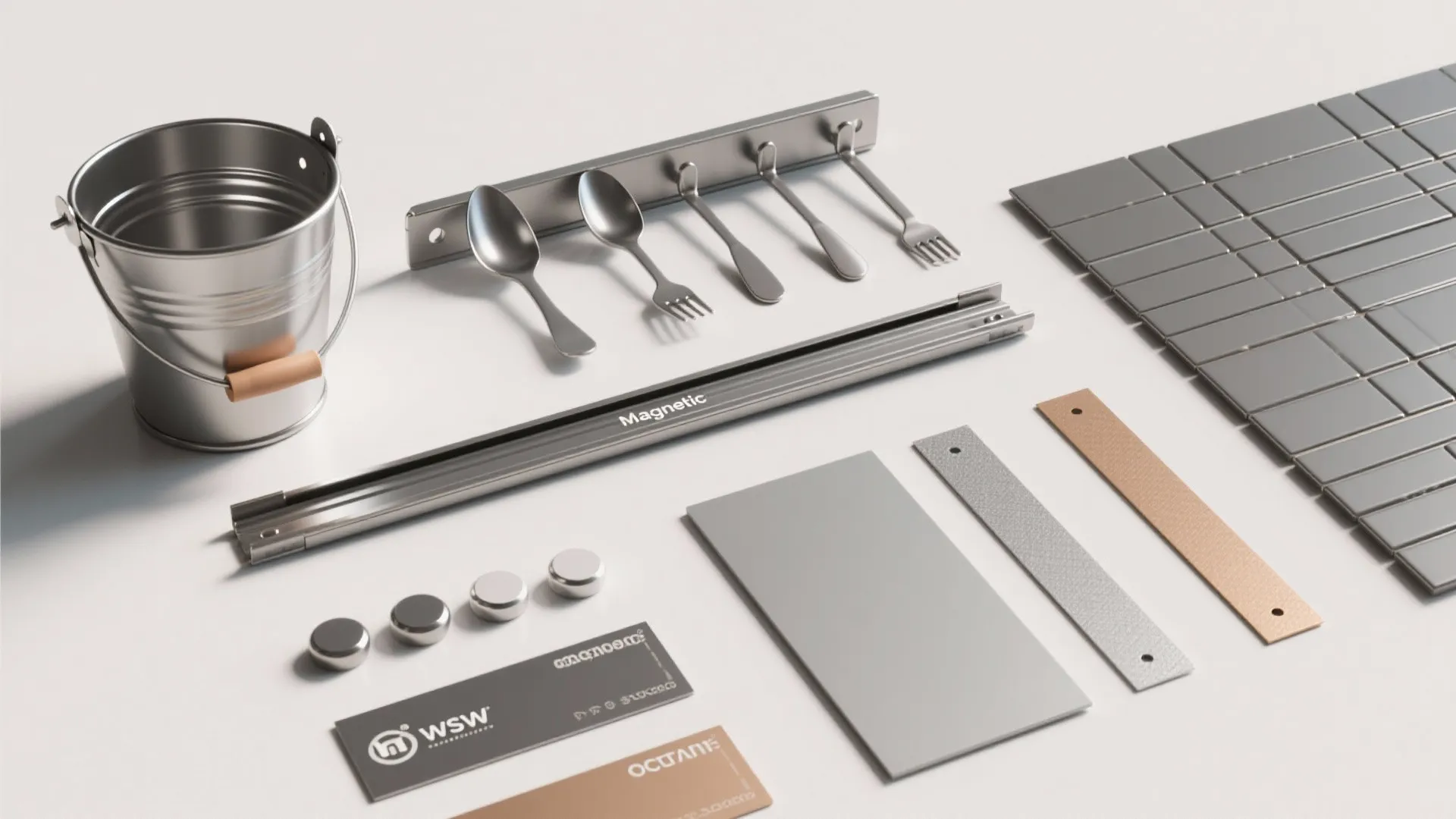 Metal bucket, magnetic strip with spoons, gray tiles, and various small silver kitchen storage accessories
