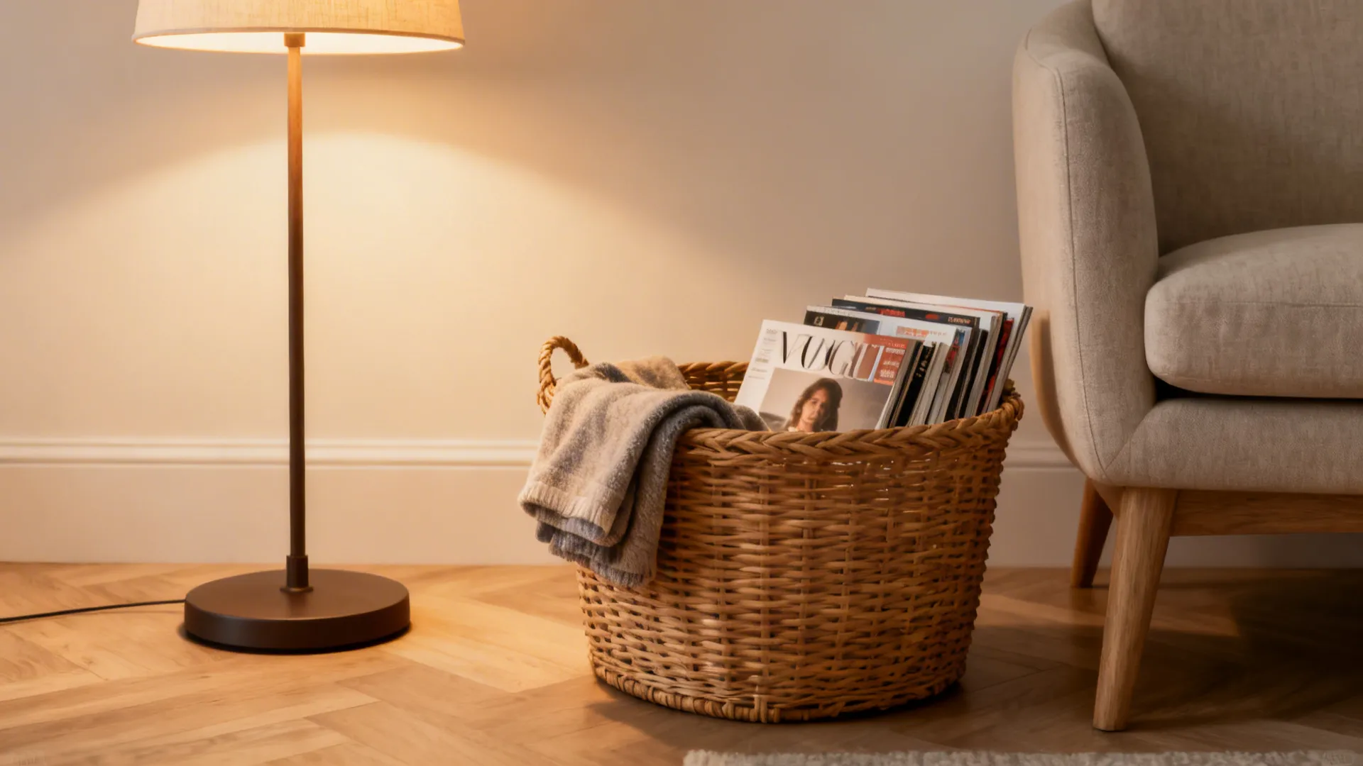 Reading chair with a sturdy wicker basket holding magazines and a folded throw next to a floor lamp.
