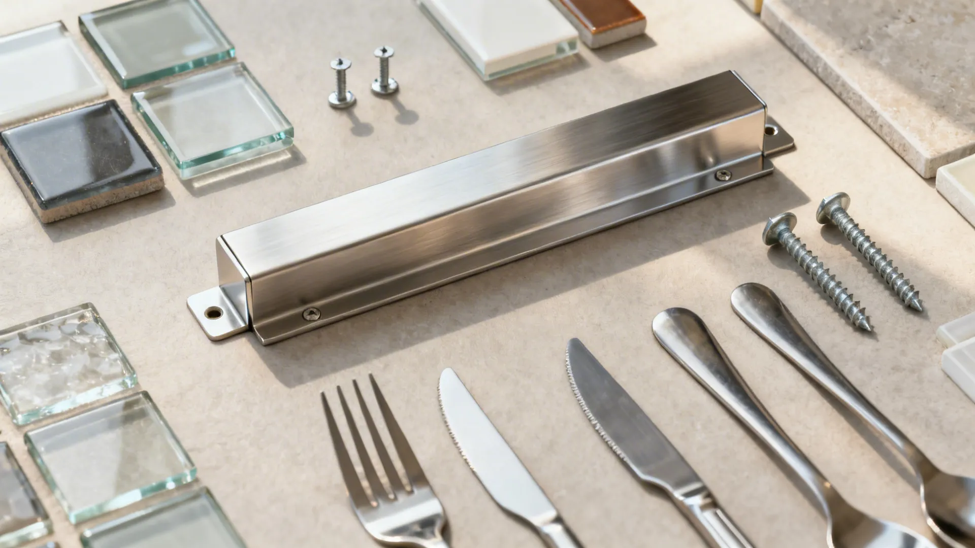 Top-down flatlay of a stainless magnetic bar, anchors, and utensils.
