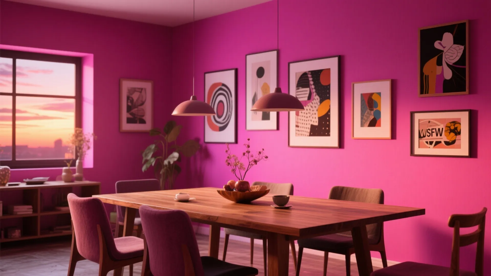 Dining room with magenta walls wooden table purple chairs art frames and hanging light fixtures