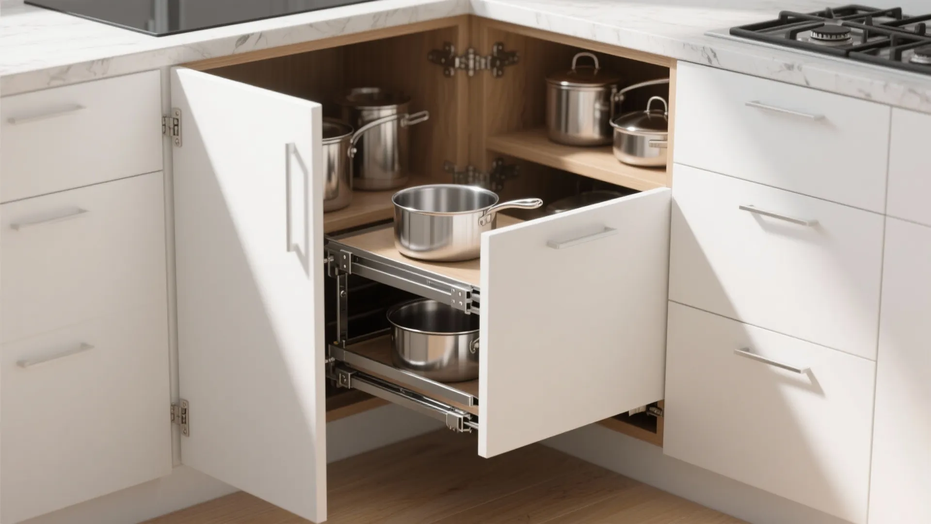 Modern white kitchen cabinet with a pull out corner drawer system holding several metal pots