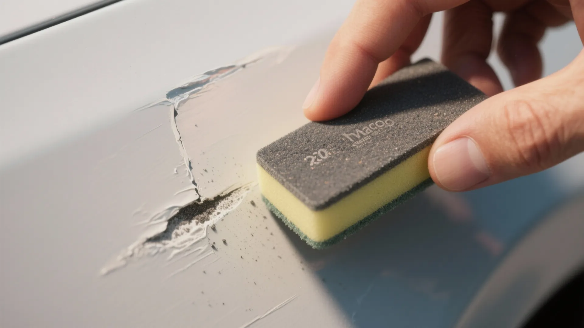 Close up of a hand using a sanding sponge to fix a white wall paint