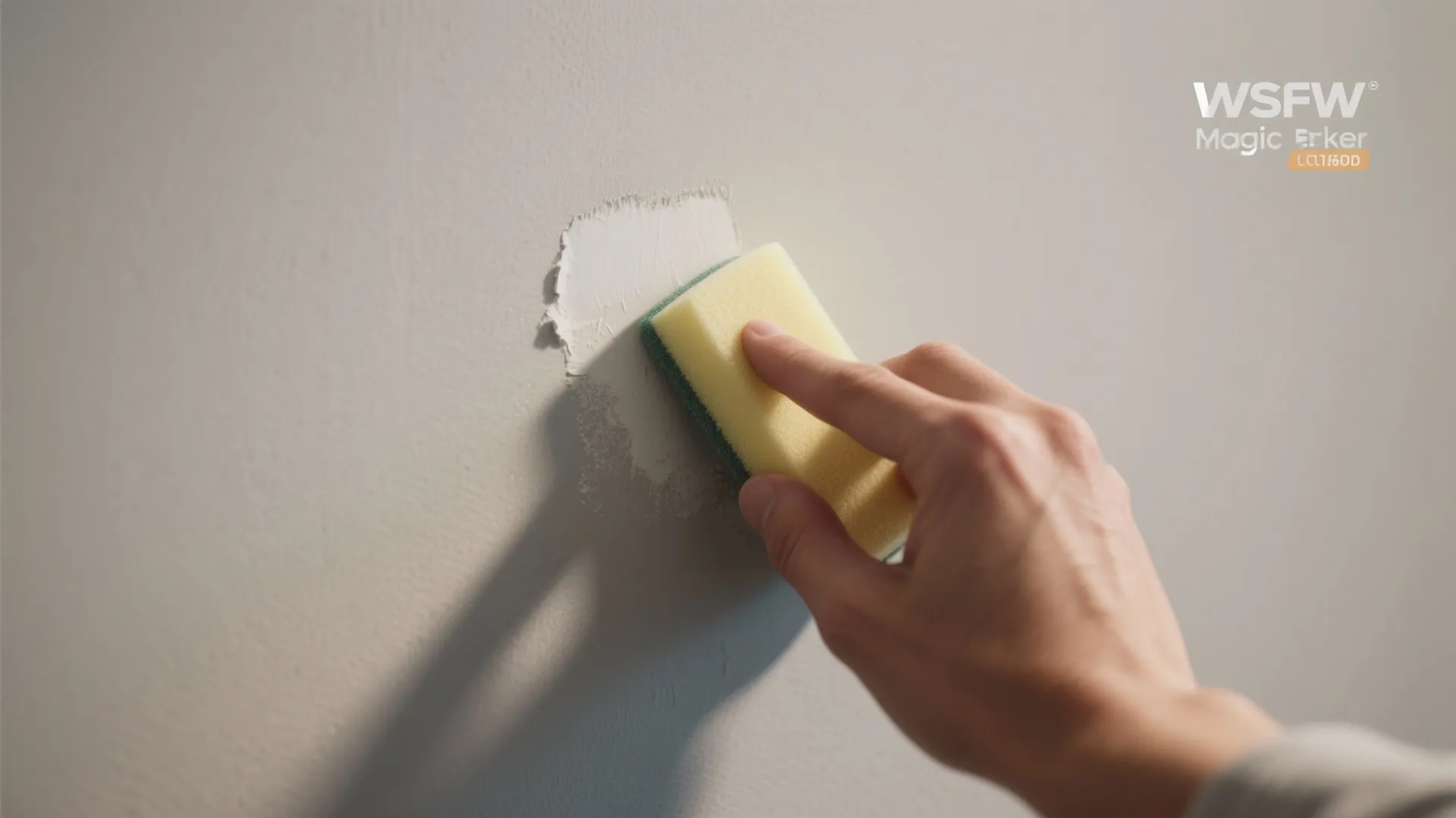 Hand using yellow sponge to clean a white wall with white filler during home repair task
