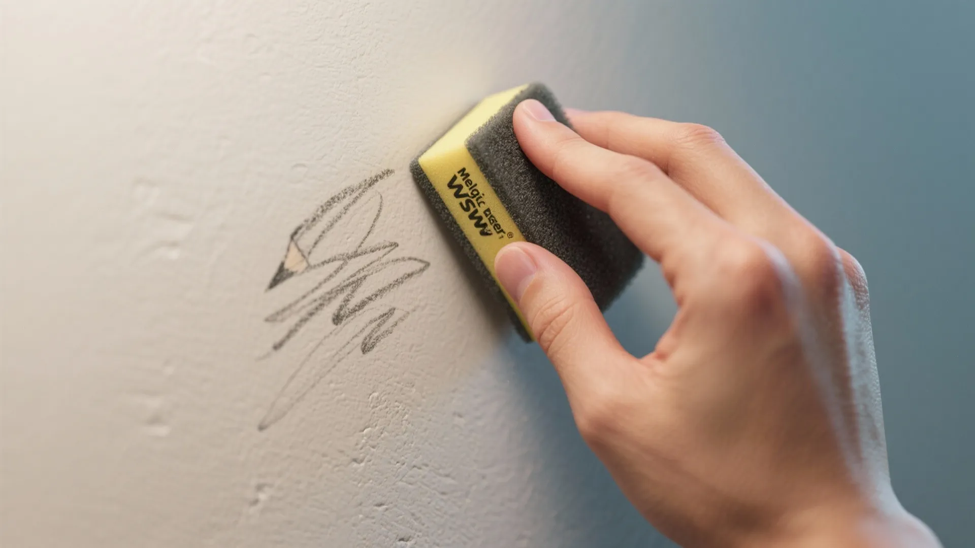 A hand using a yellow sponge to remove pencil marks from a white textured wall